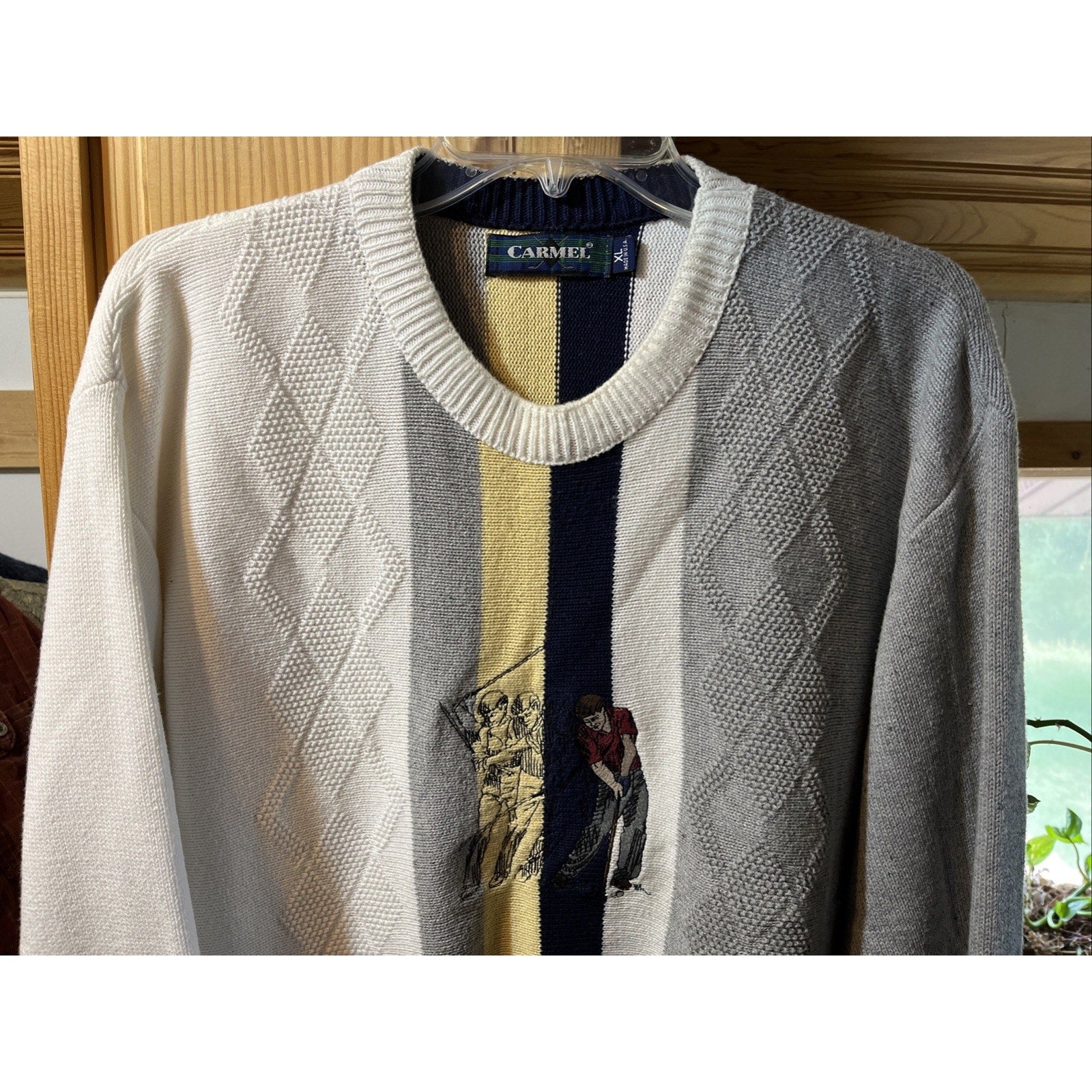 Vintage 90s Carmel Golf Embroidered Pullover Knit Sweater Size XL Gray White USA