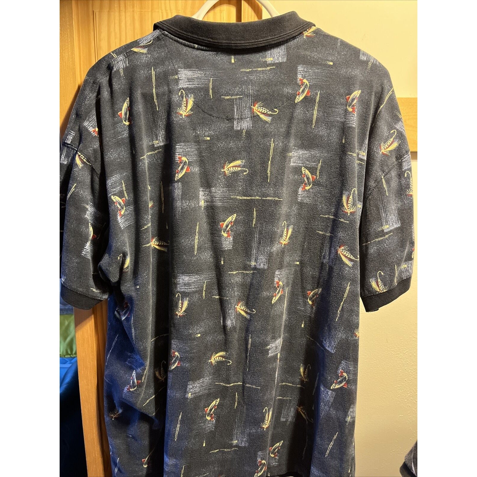 North Crest VTG Polo Shirt Men’s XL Navy Blue Fly Fishing Print SS Cotton Button