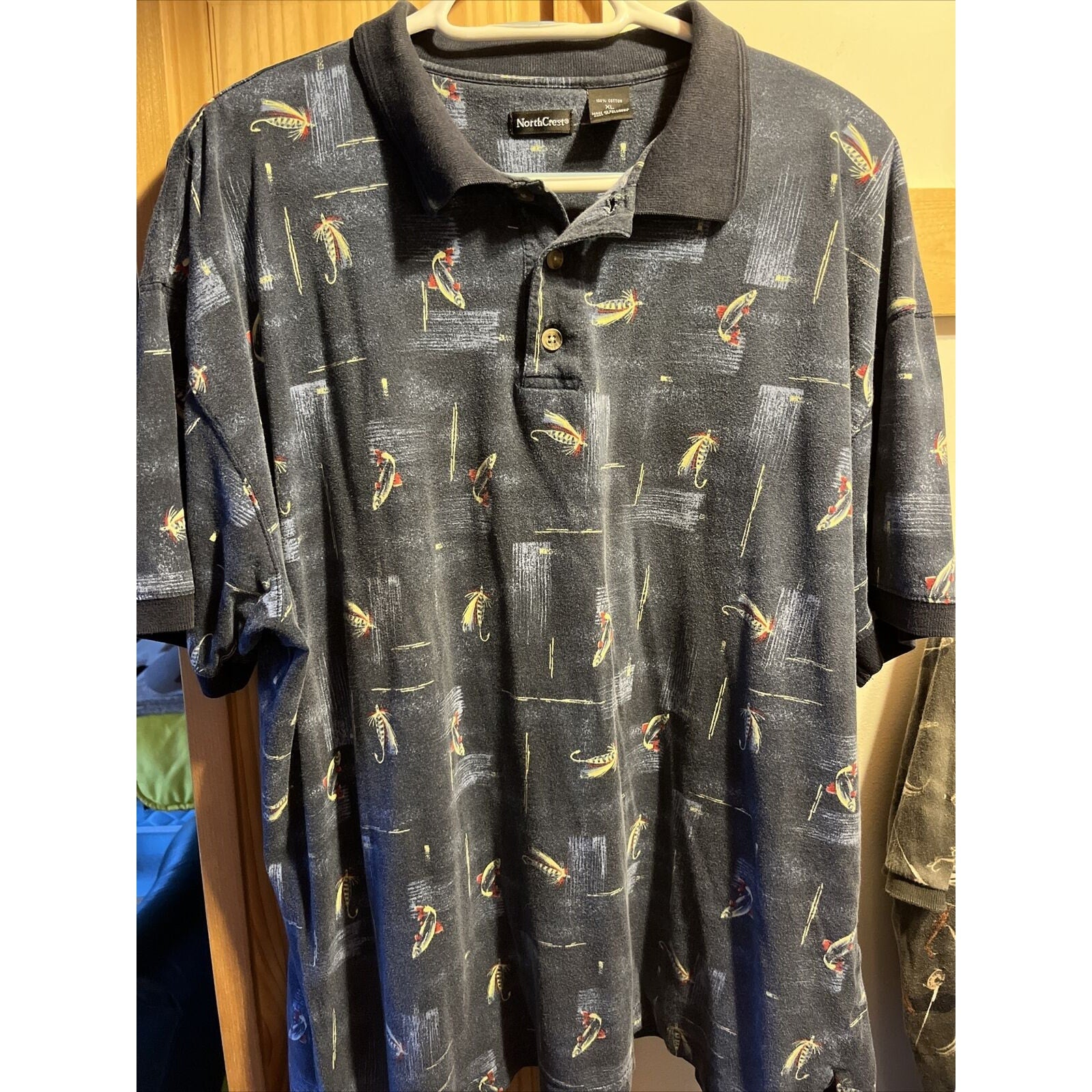 North Crest VTG Polo Shirt Men’s XL Navy Blue Fly Fishing Print SS Cotton Button