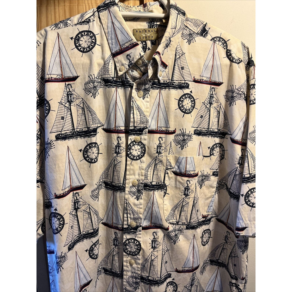 Natural Issue Nautical Mens XLT Cotton SS Shirt Boat Sailboat Sloop Schooner EUC
