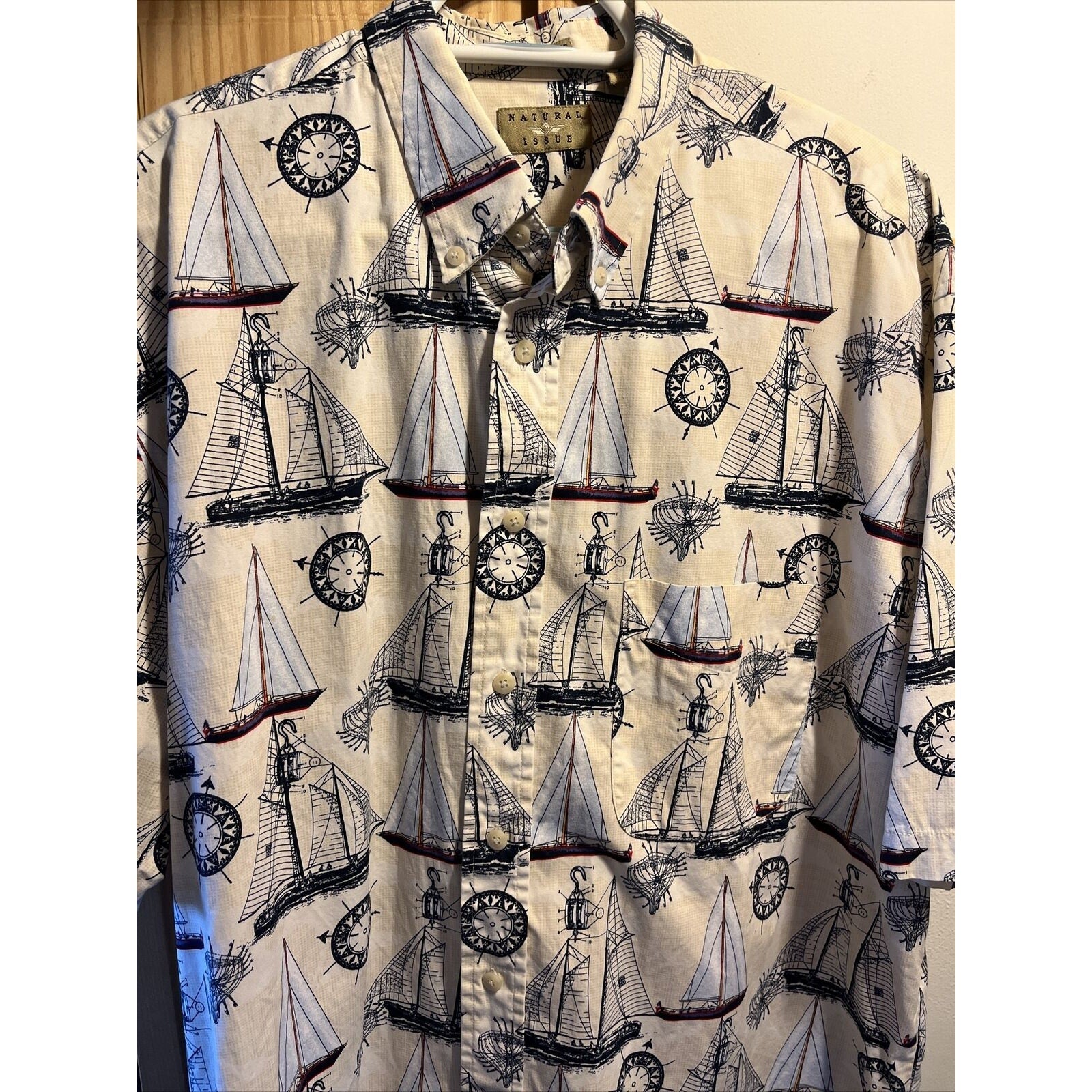 Natural Issue Nautical Mens XLT Cotton SS Shirt Boat Sailboat Sloop Schooner EUC