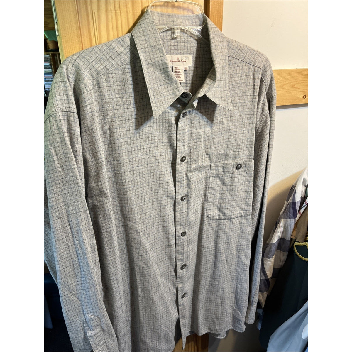 Ermenegildo Zegna Italy Button Shirt Gray Tattersall Mens XL Long Sleeve Cotton