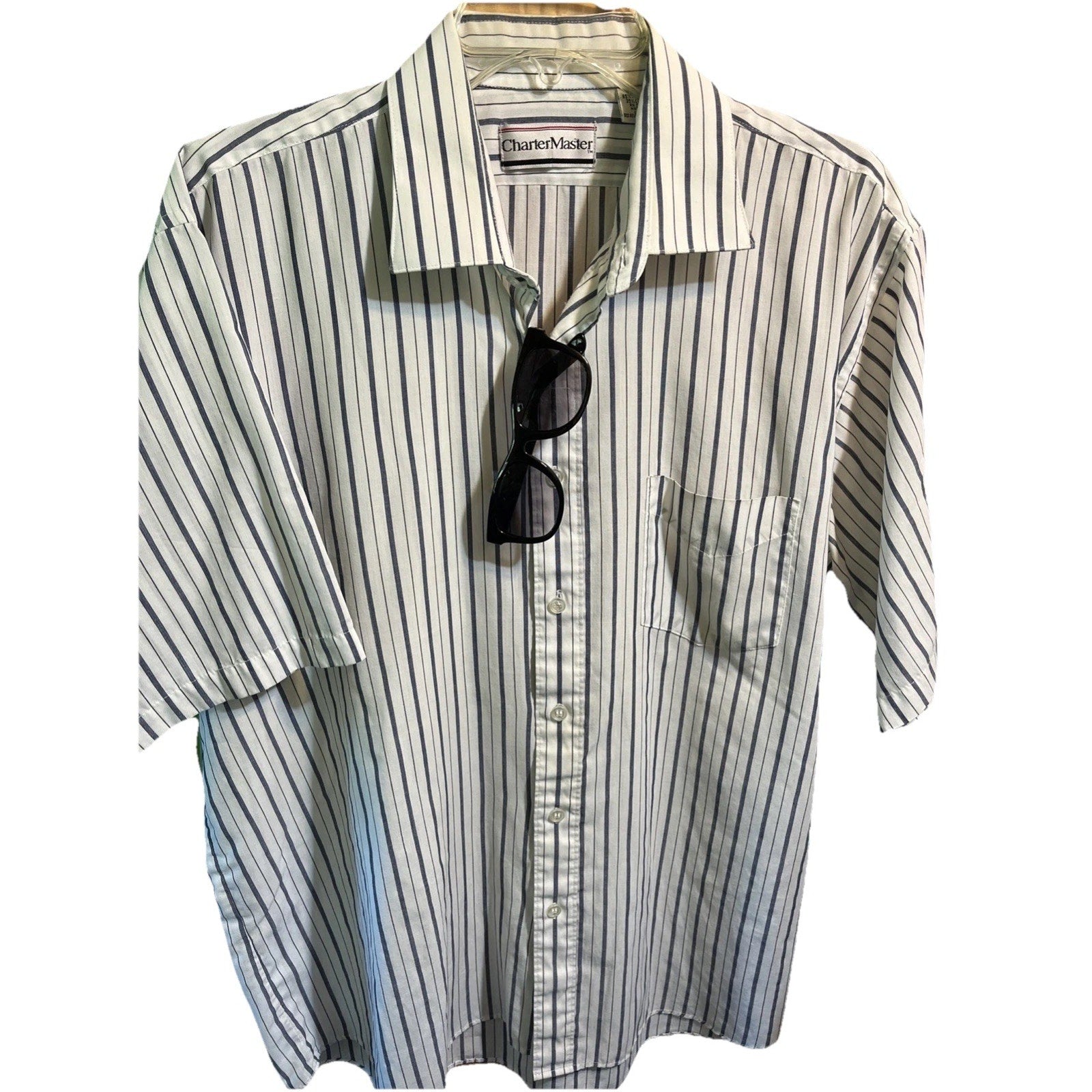VTG Charter Master Button Short Sleeve Men’s 17 White Blue Striped Cotton Poly