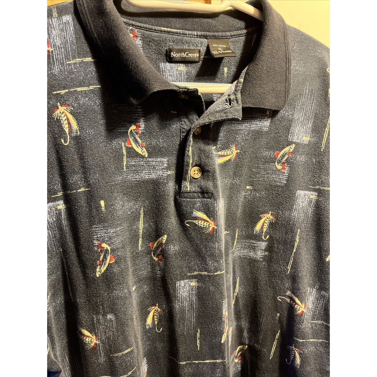 North Crest VTG Polo Shirt Men’s XL Navy Blue Fly Fishing Print SS Cotton Button