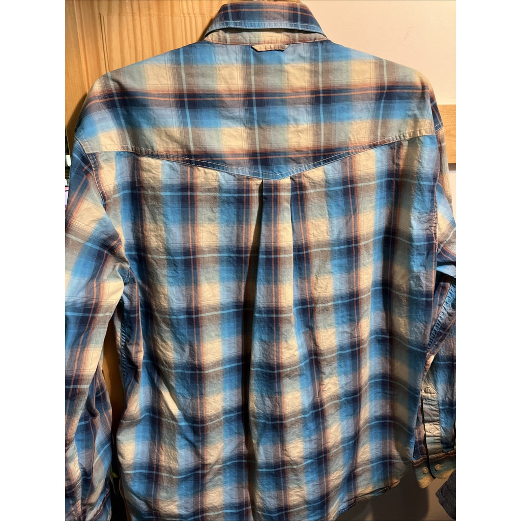 ROPER Shirt Mens Medium Blue Plaid Button Up Long Sleeve Rodeo Western Cowboy