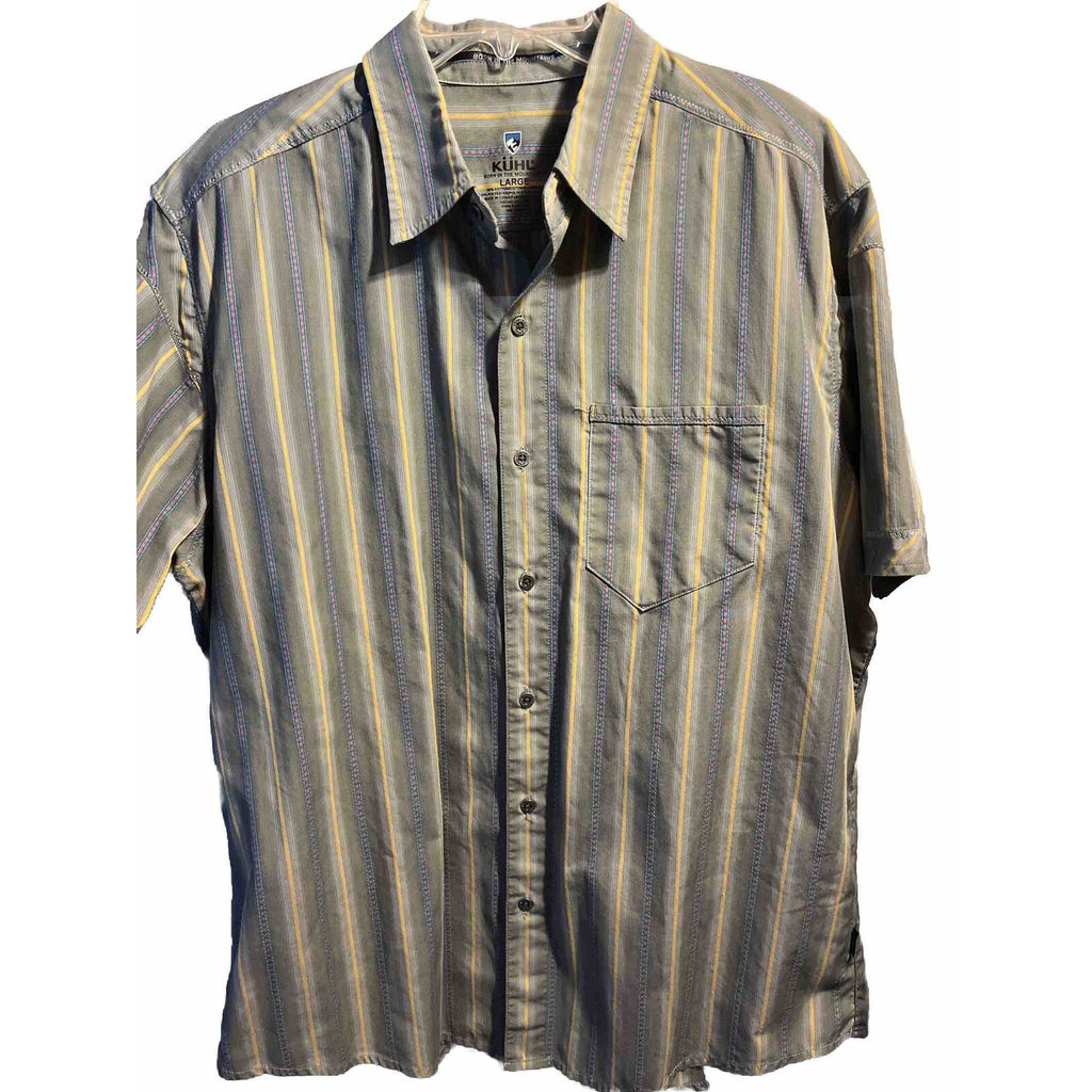 Kuhl Men's Sz L Gray Striped Button Down Short Sleeve Pocket Cotton Poly Shirt