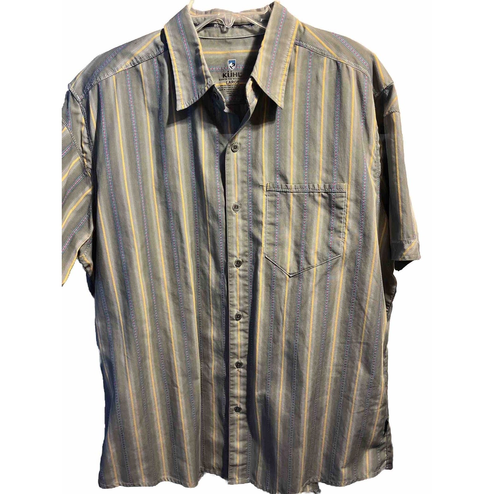 Kuhl Men's Sz L Gray Striped Button Down Short Sleeve Pocket Cotton Poly Shirt