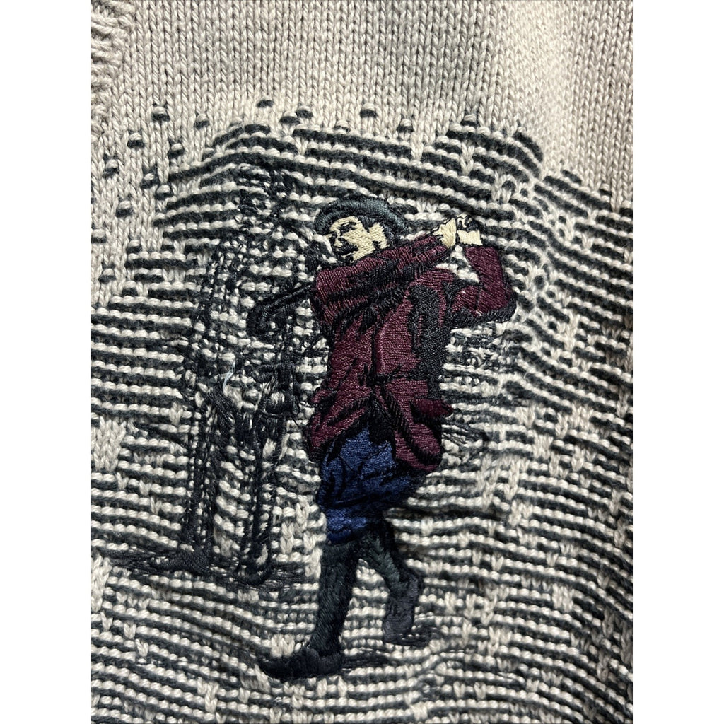 Vintage 90s Carmel Golf Embroidered Pullover Knit Sweater Size L Gray Beige USA