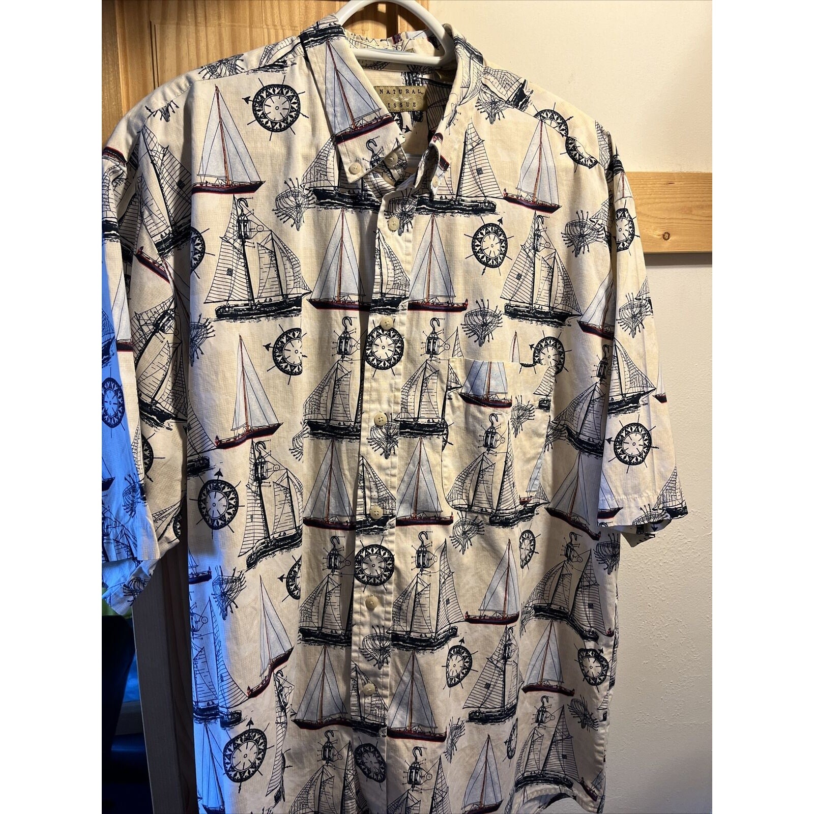 Natural Issue Nautical Mens XLT Cotton SS Shirt Boat Sailboat Sloop Schooner EUC