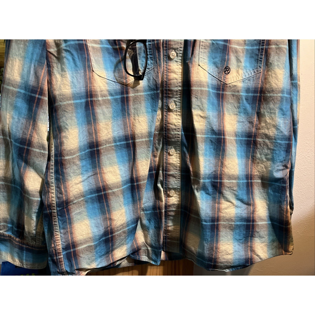 ROPER Shirt Mens Medium Blue Plaid Button Up Long Sleeve Rodeo Western Cowboy