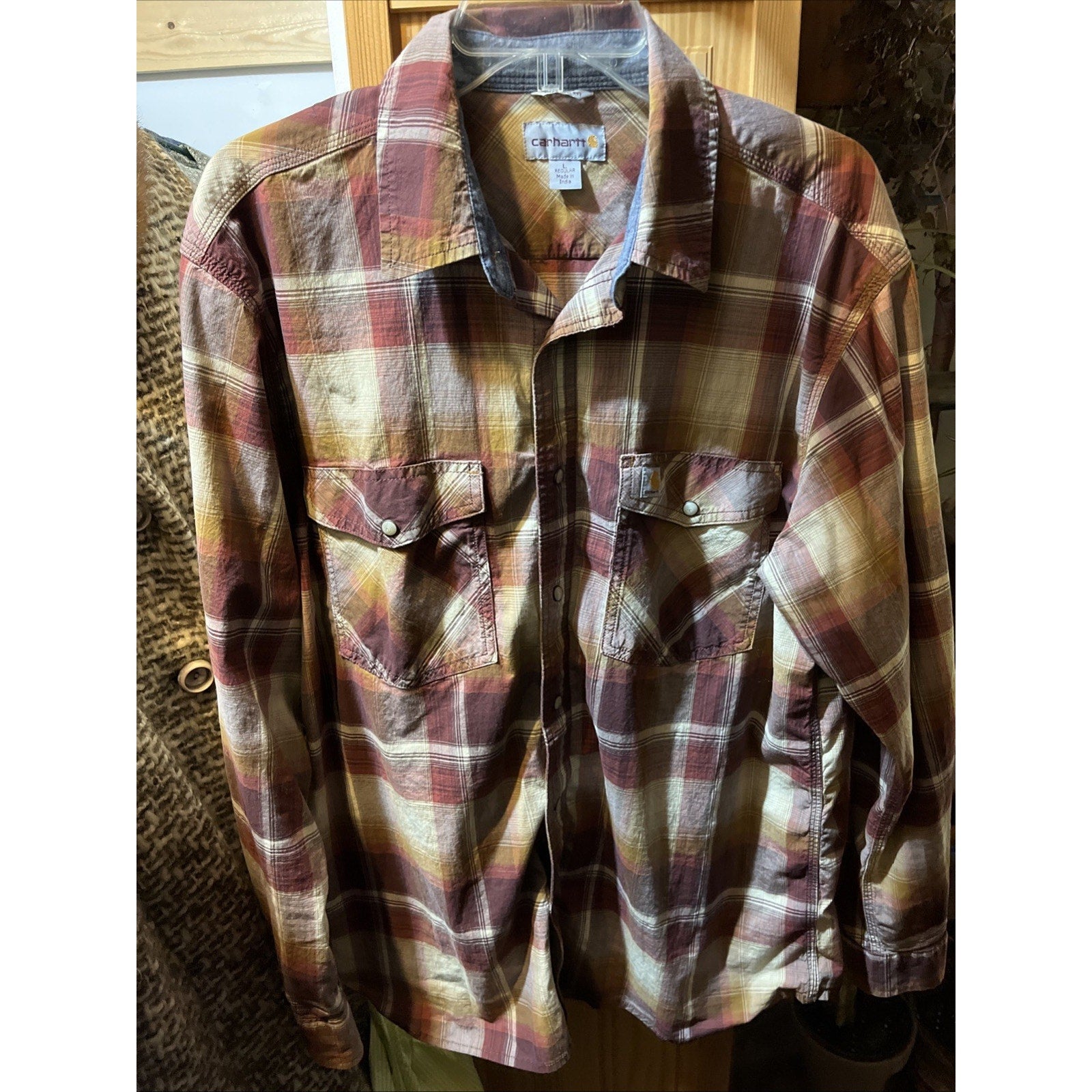 Carhartt Shirt Men L Red Plaid Outdoor Relaxed Fit Snap Button Workwear Western