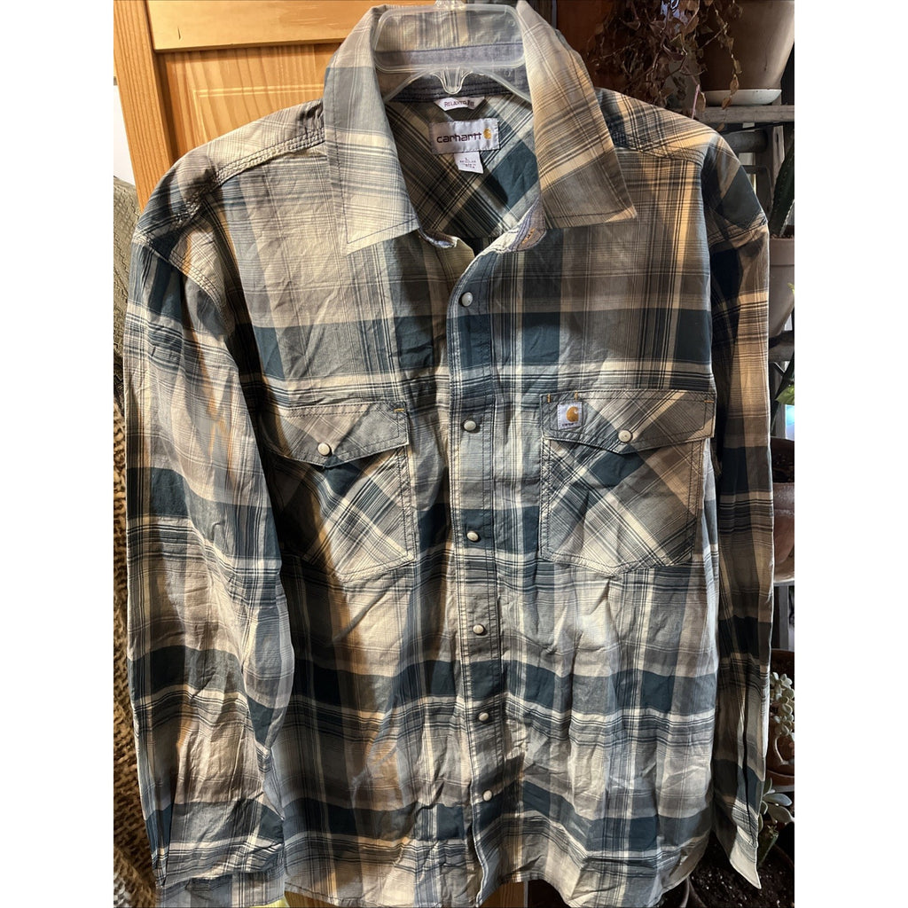Carhartt Shirt Men L Blue Plaid Outdoor Relaxed Fit Snap Button Workwear Western