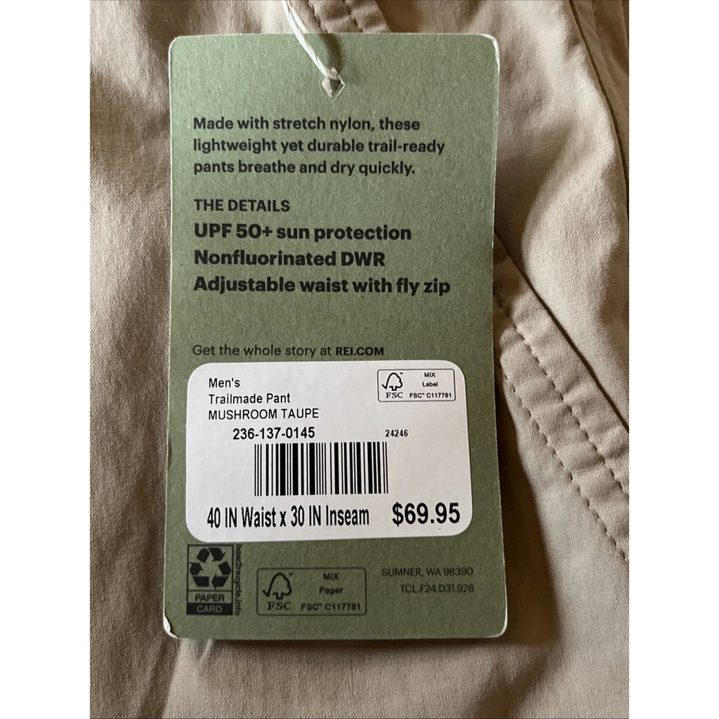 REI CO-OP Mens TRAILMADE PANTS Sz 40x30 Mushroom Taupe UPF 50 Cargo Hiking NWT