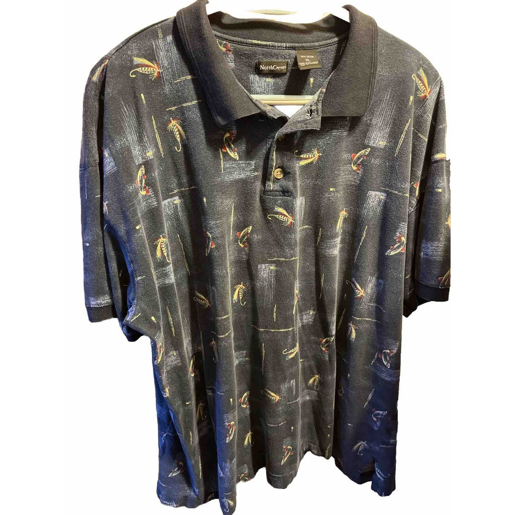 North Crest VTG Polo Shirt Men’s XL Navy Blue Fly Fishing Print SS Cotton Button