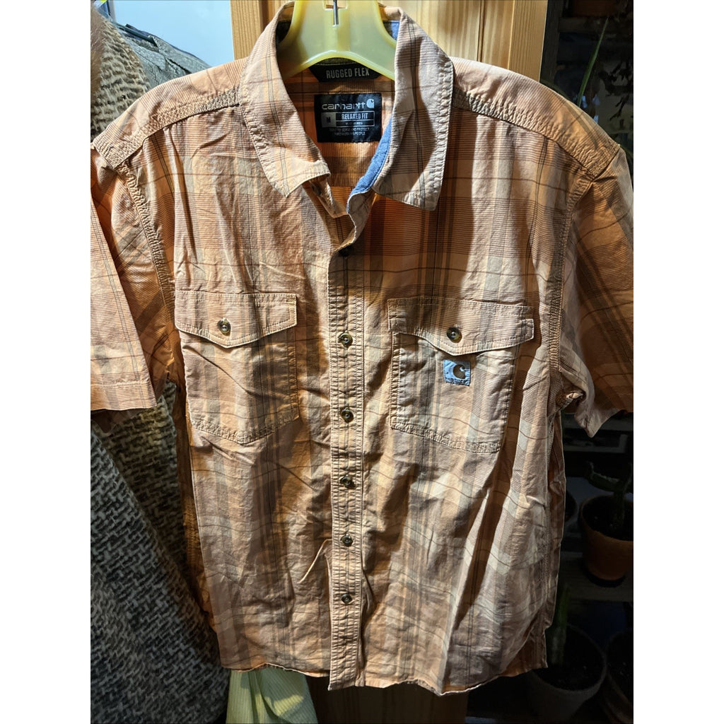 Carhartt Shirt Mens M Orange Plaid Rugged Flex Short Sleeve Button Hiking Fishin