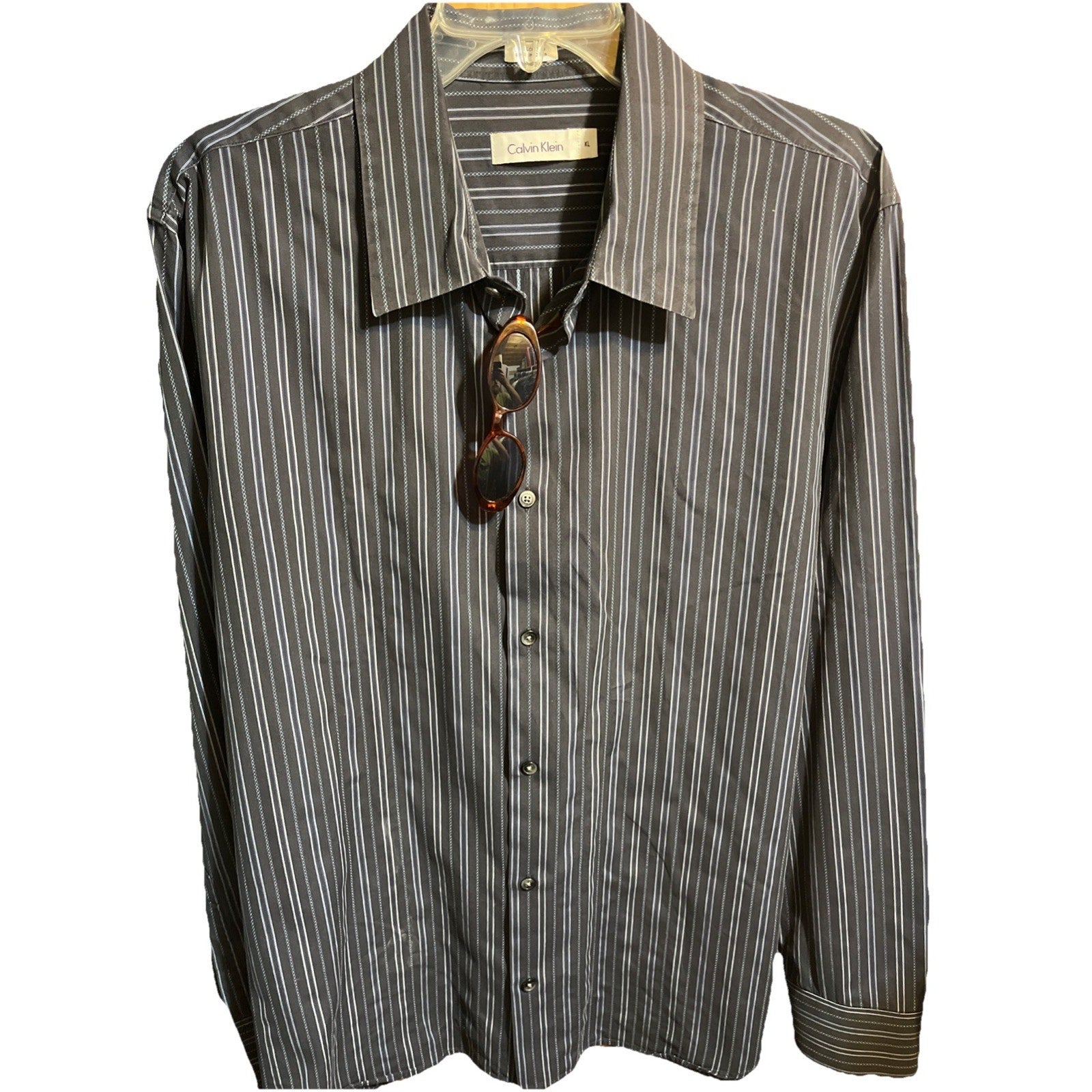 Calvin Klein Men's XL Long Sleeve Dress Shirt Blue Striped Stretch Cotton