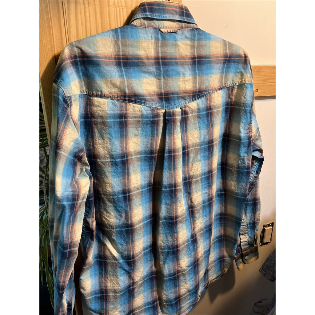 ROPER Shirt Mens Medium Blue Plaid Button Up Long Sleeve Rodeo Western Cowboy