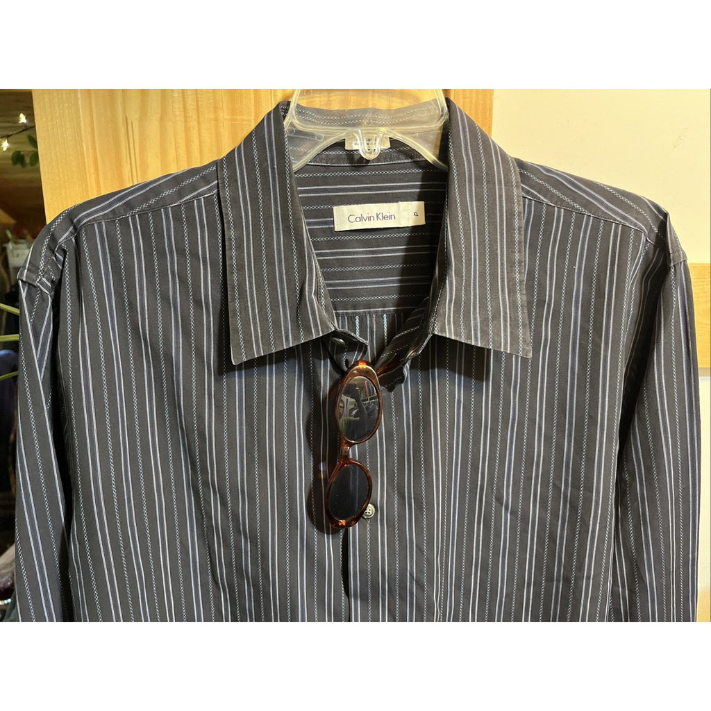 Calvin Klein Men's XL Long Sleeve Dress Shirt Blue Striped Stretch Cotton