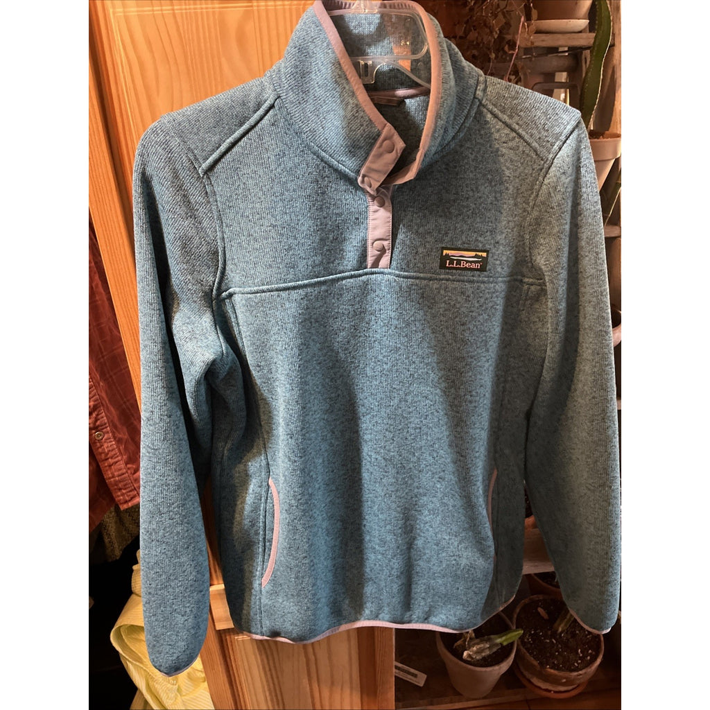 LL Bean Sweater Womens Medium Blue Pullover Snap Button Fleece Ladies Outdoors