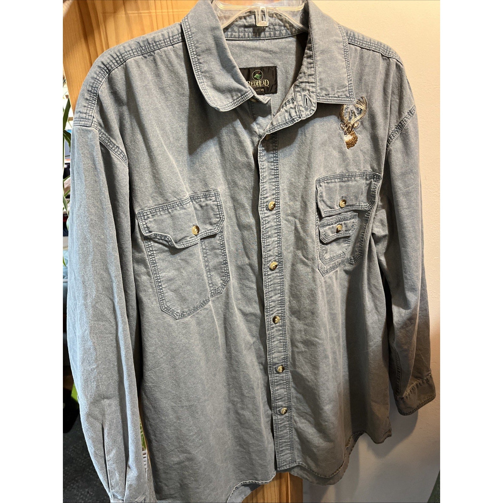 Redhead Vintage Shirt Men’s L Blue Canvas Long Sleeve Cotton Button Embroidered