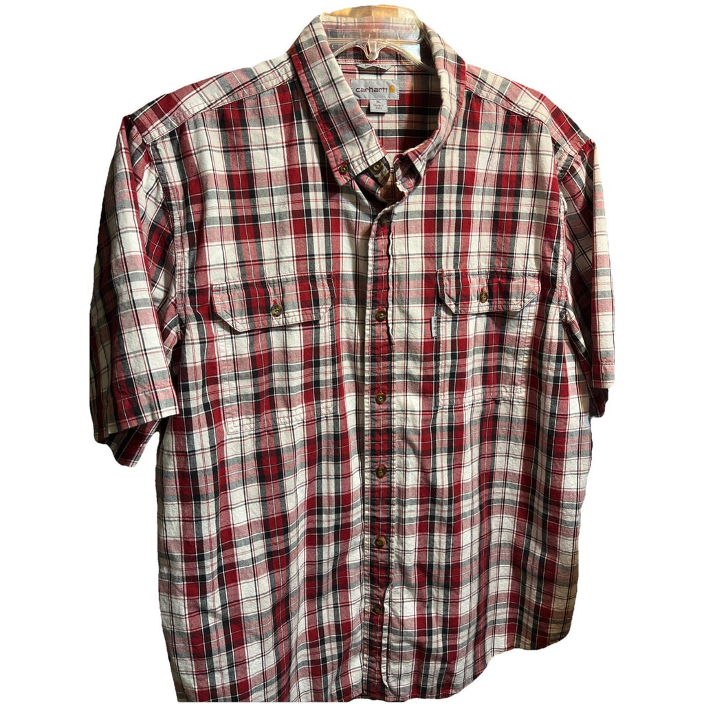 Carhartt Mens XL Red Button Up Short Sleeve Shirt Relaxed Fit Plaid Cotton