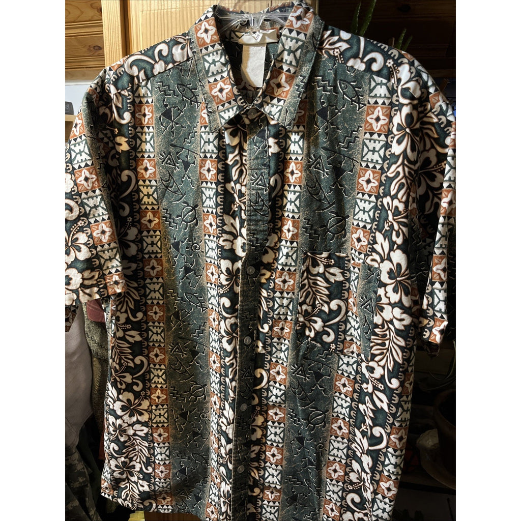 Malihini Vintage Men’s XXL Green Tribal Short Sleeve Button Up Hawaiian Shirt
