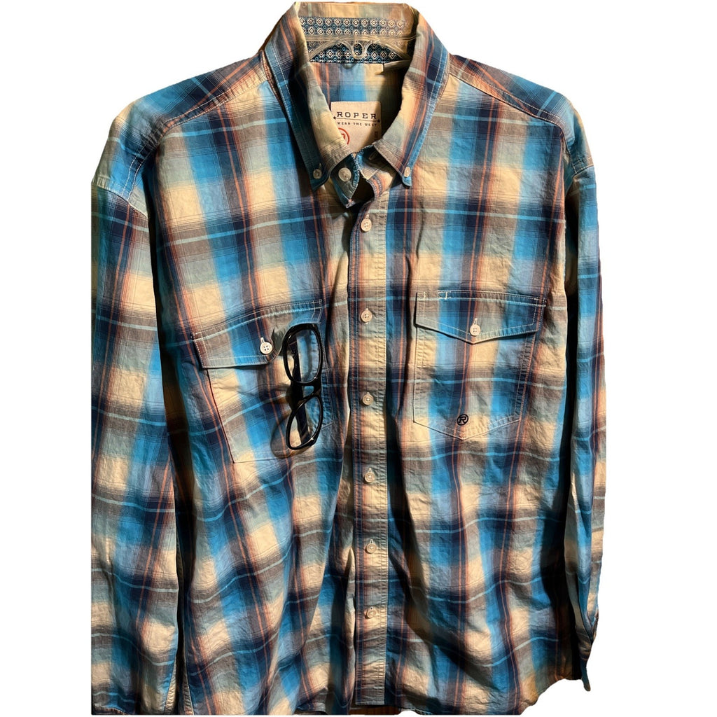 ROPER Shirt Mens Medium Blue Plaid Button Up Long Sleeve Rodeo Western Cowboy