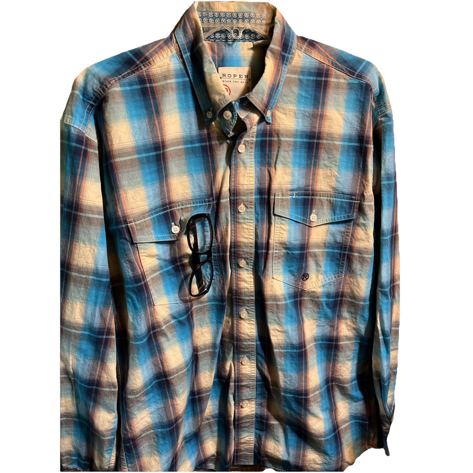 ROPER Shirt Mens Medium Blue Plaid Button Up Long Sleeve Rodeo Western Cowboy