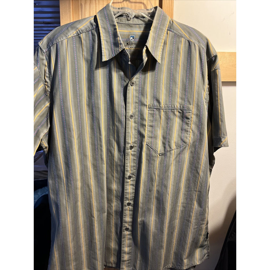 Kuhl Men's Sz L Gray Striped Button Down Short Sleeve Pocket Cotton Poly Shirt