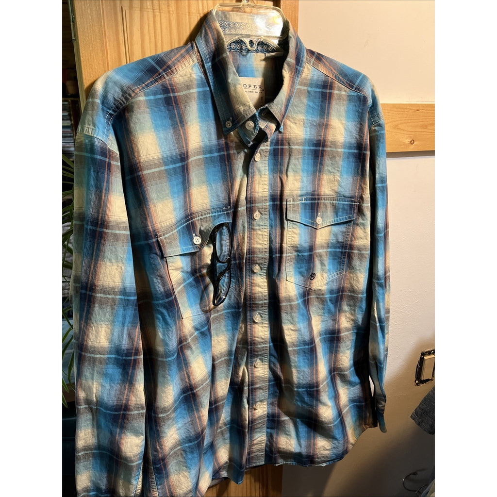 ROPER Shirt Mens Medium Blue Plaid Button Up Long Sleeve Rodeo Western Cowboy