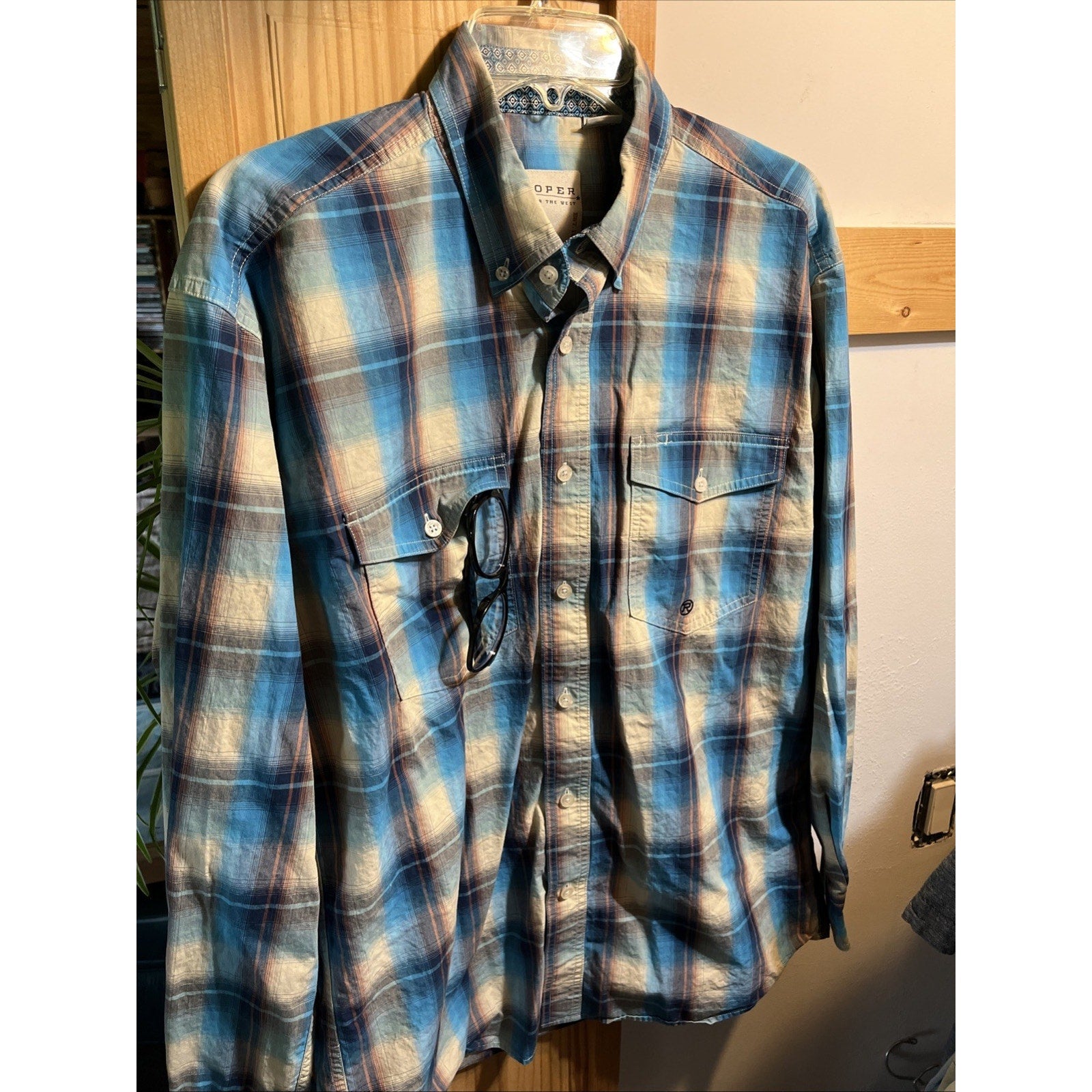 ROPER Shirt Mens Medium Blue Plaid Button Up Long Sleeve Rodeo Western Cowboy