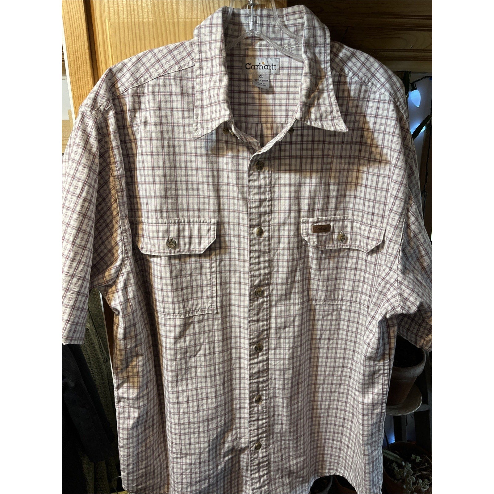Carhartt Shirt Men’s XL White Checkered Plaid Short Sleeve Button Up Cotton Work