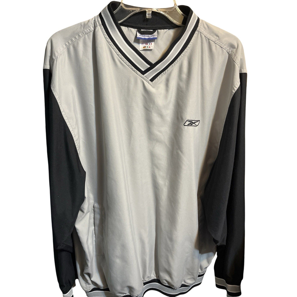 Vintage Reebok Pullover Jacket Mens L Gray Black LS Windbreaker V Neck Retro 90s