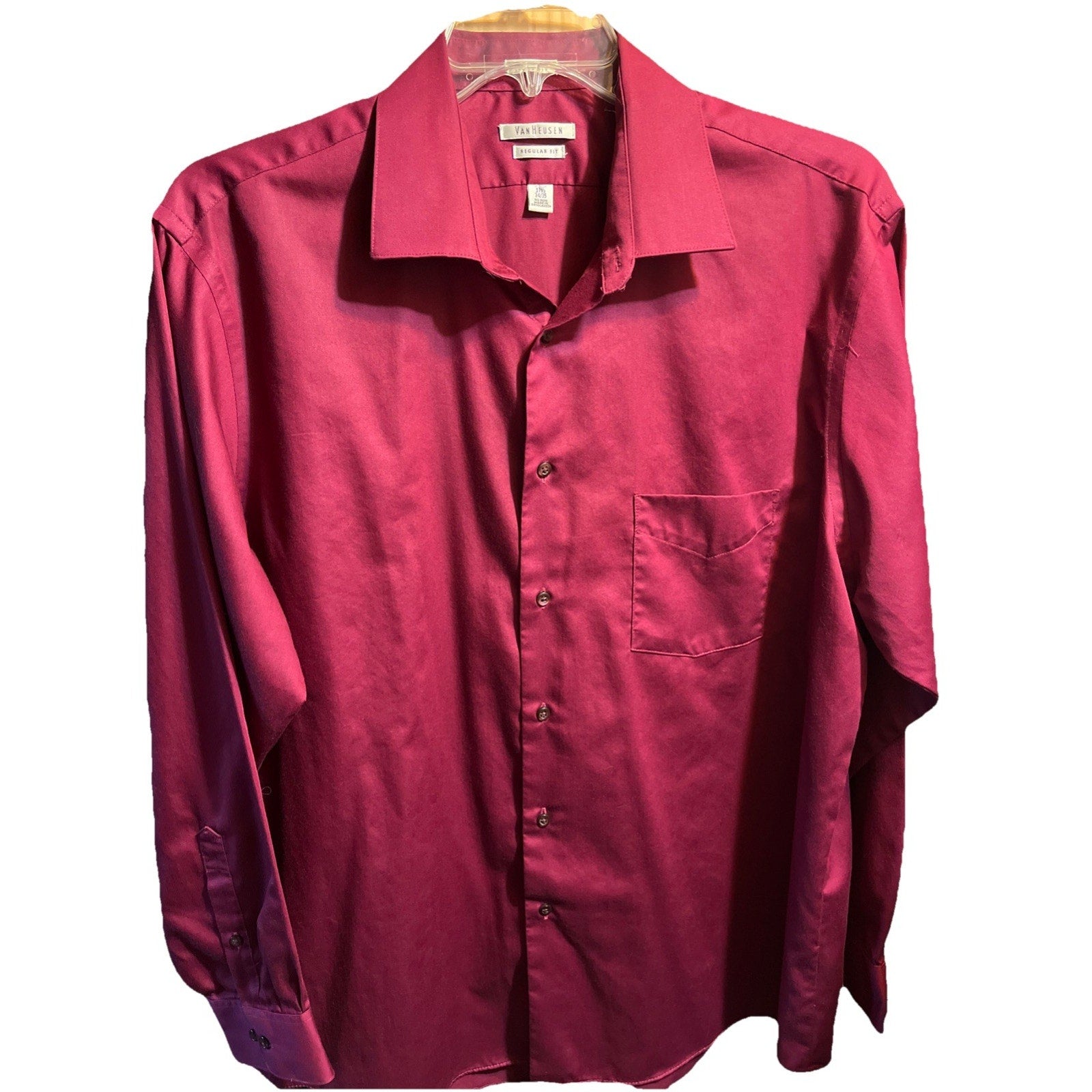 Van Heusen Mens Lux Sateen Red Long Sleeve Dress Shirt Size 17.5 34/35