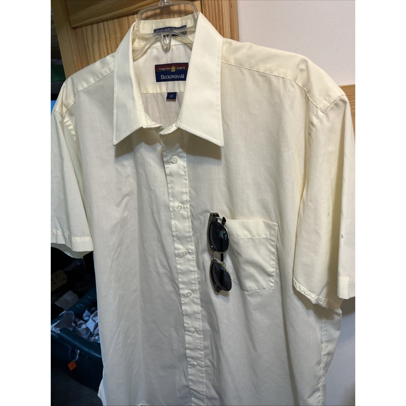 Men’s Vintage Buckingham Button Up Short Sleeve Shirt White Size 17 Cotton Poly