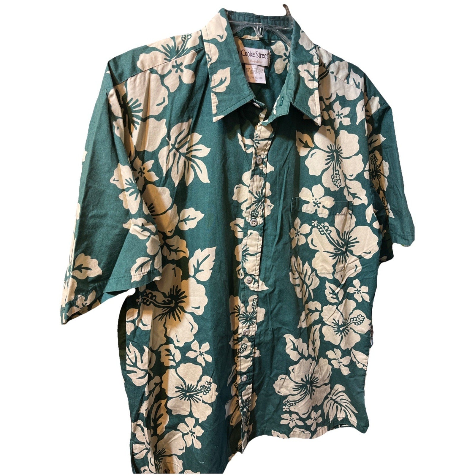 Cooke Street Honolulu Men’s L Green Floral SS Button Down Cotton Hawaiian Shirt