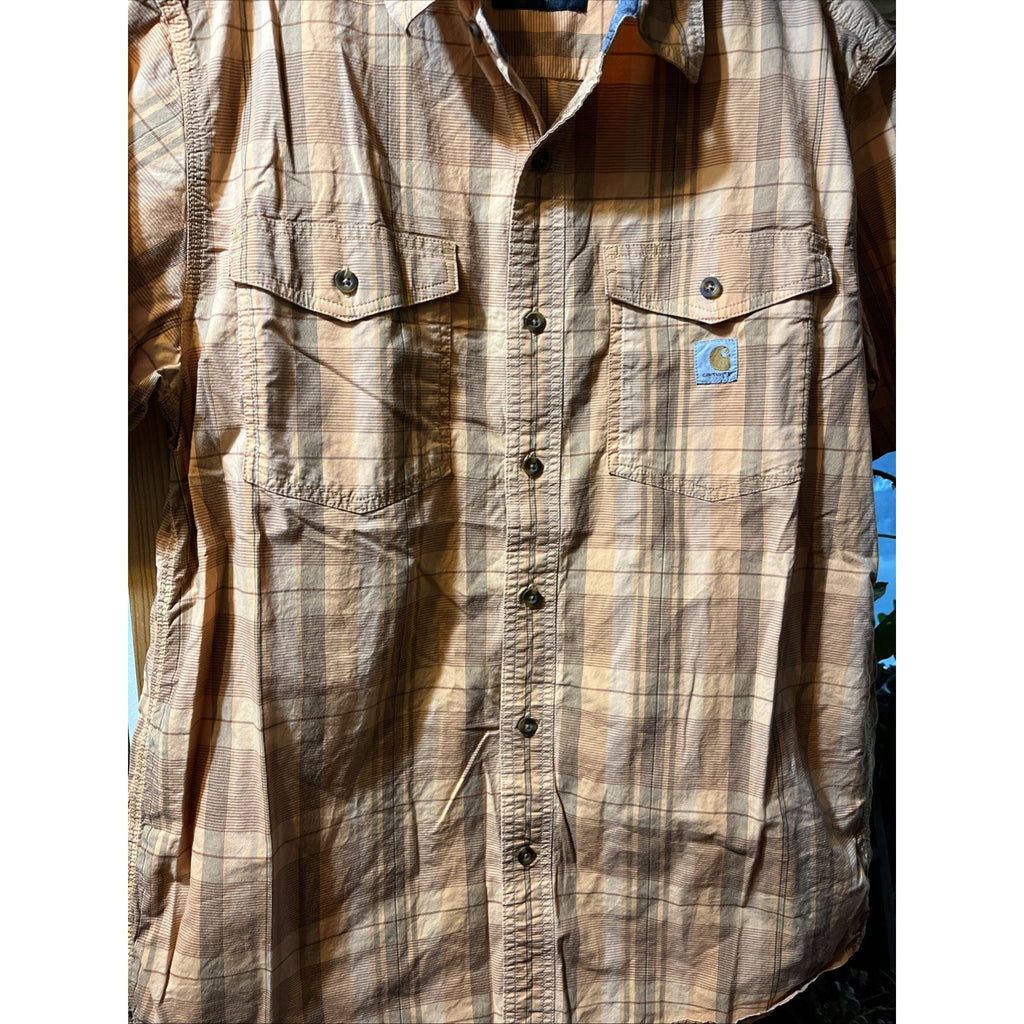 Carhartt Shirt Mens M Orange Plaid Rugged Flex Short Sleeve Button Hiking Fishin