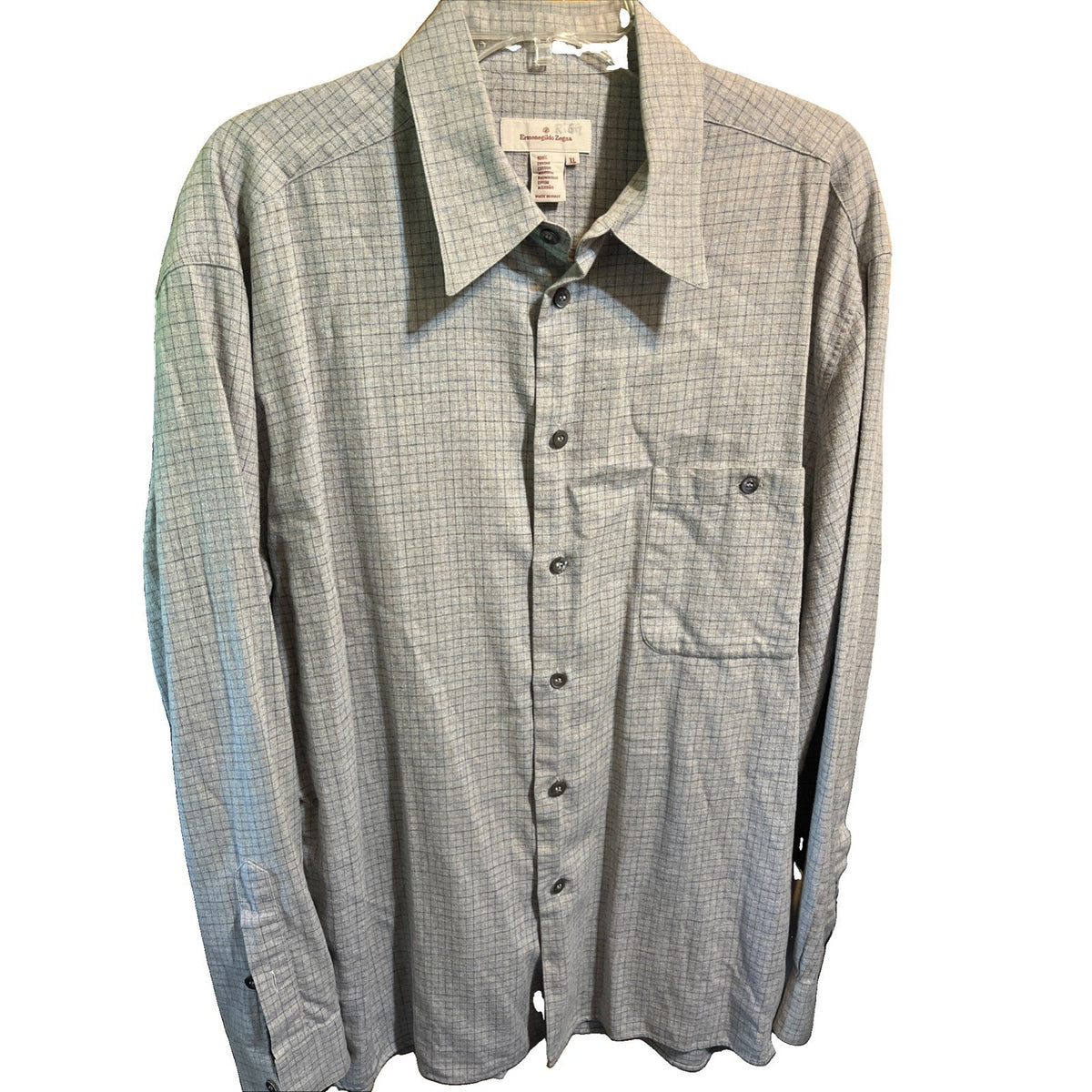 Ermenegildo Zegna Italy Button Shirt Gray Tattersall Mens XL Long Sleeve Cotton