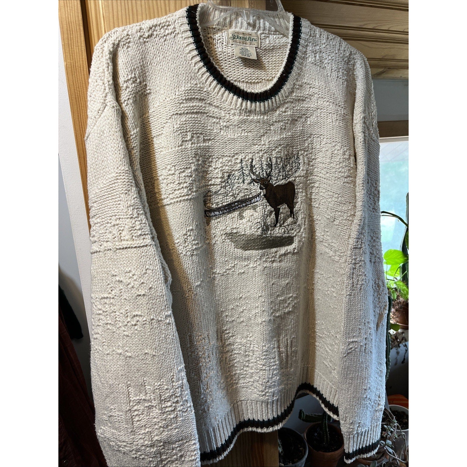 Vintage 90s St Johns Bay Knit Sweater XL White Deer Embroidered Nature USA