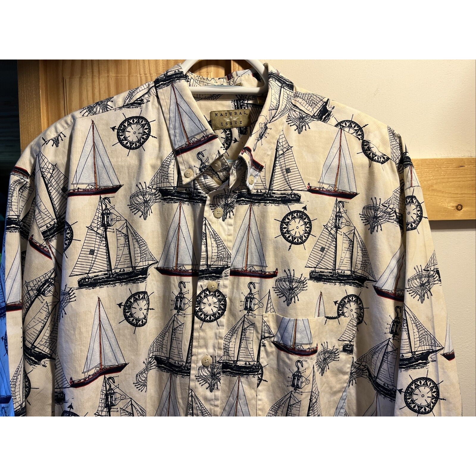 Natural Issue Nautical Mens XLT Cotton SS Shirt Boat Sailboat Sloop Schooner EUC