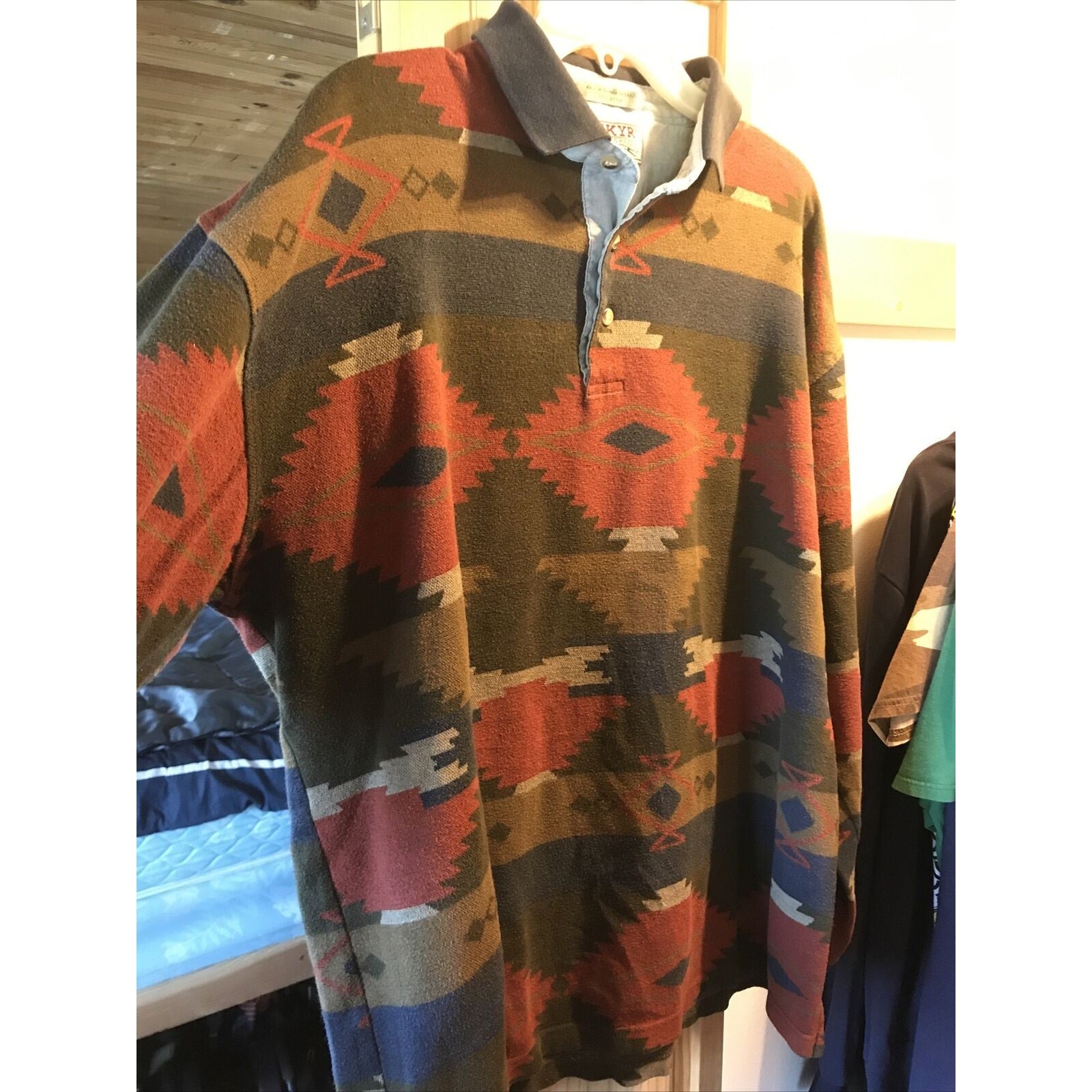 Skyr Vintage Mens XL Aztec Tribal Print Long Sleeve 1/4 Button Cotton Polo Shirt
