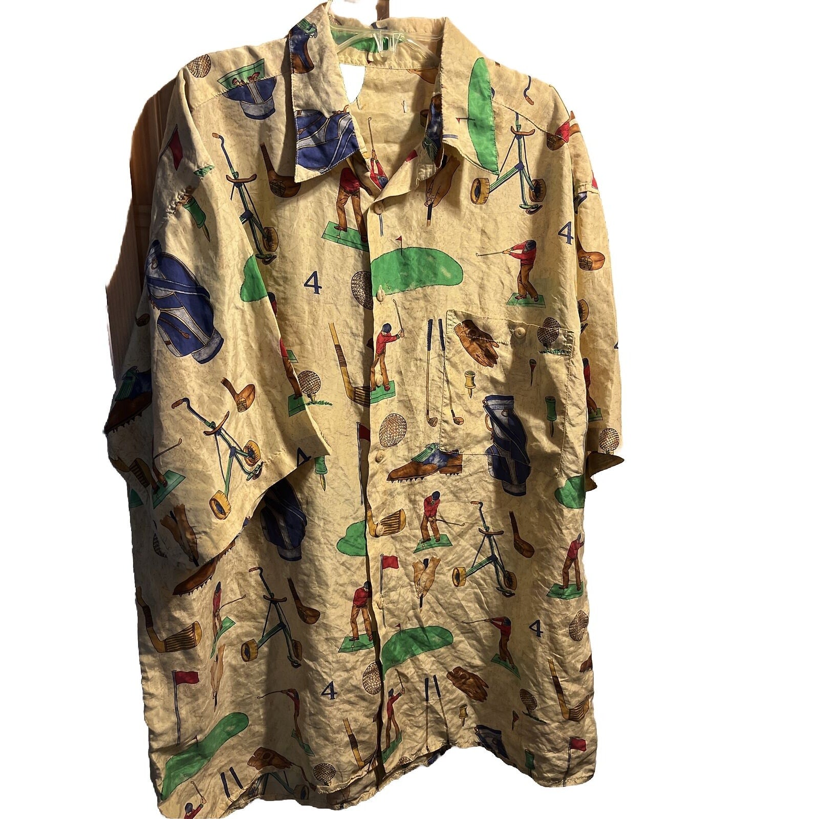 Unbranded Vintage Men’s XL Gold Short Sleeve Golf Print Silk Button Down Shirt