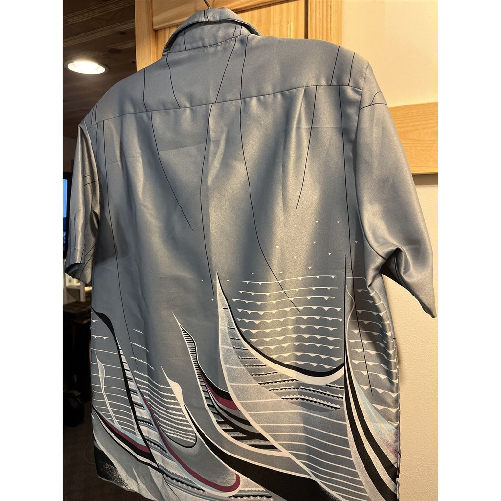 Tori Richard Vintage Men's Small Gray SS Button Down Polyester Hawaiian Shirt