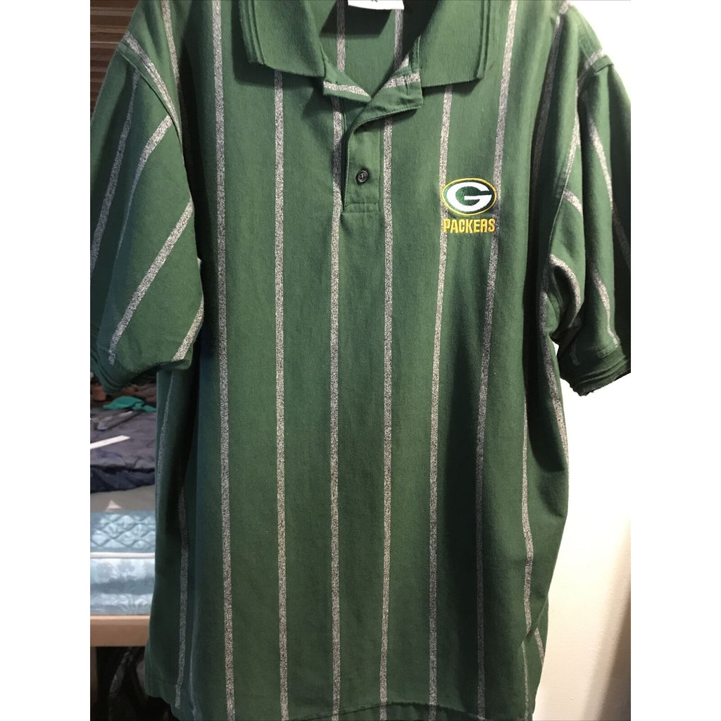 Lee Sport Vintage Men’s L Green Bay Gray Stripe SS 1/4 Button Cotton Poly Polo