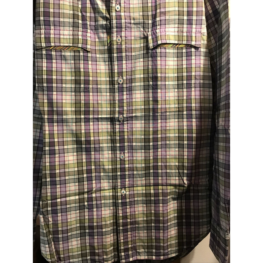 Robert Graham Men’s L Green Purple Plaid Long Sleeve Button Down Cotton Shirt