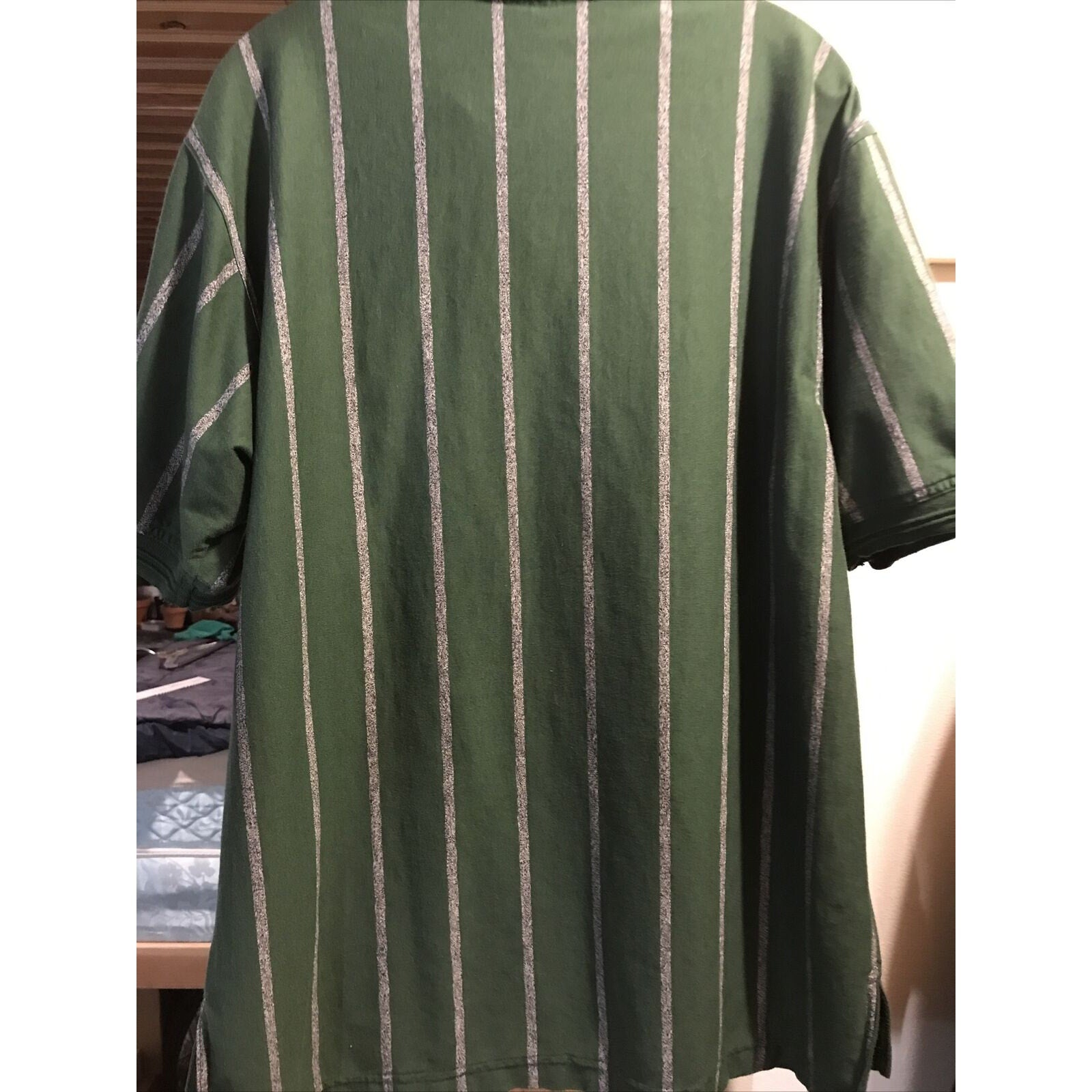 Lee Sport Vintage Men’s L Green Bay Gray Stripe SS 1/4 Button Cotton Poly Polo