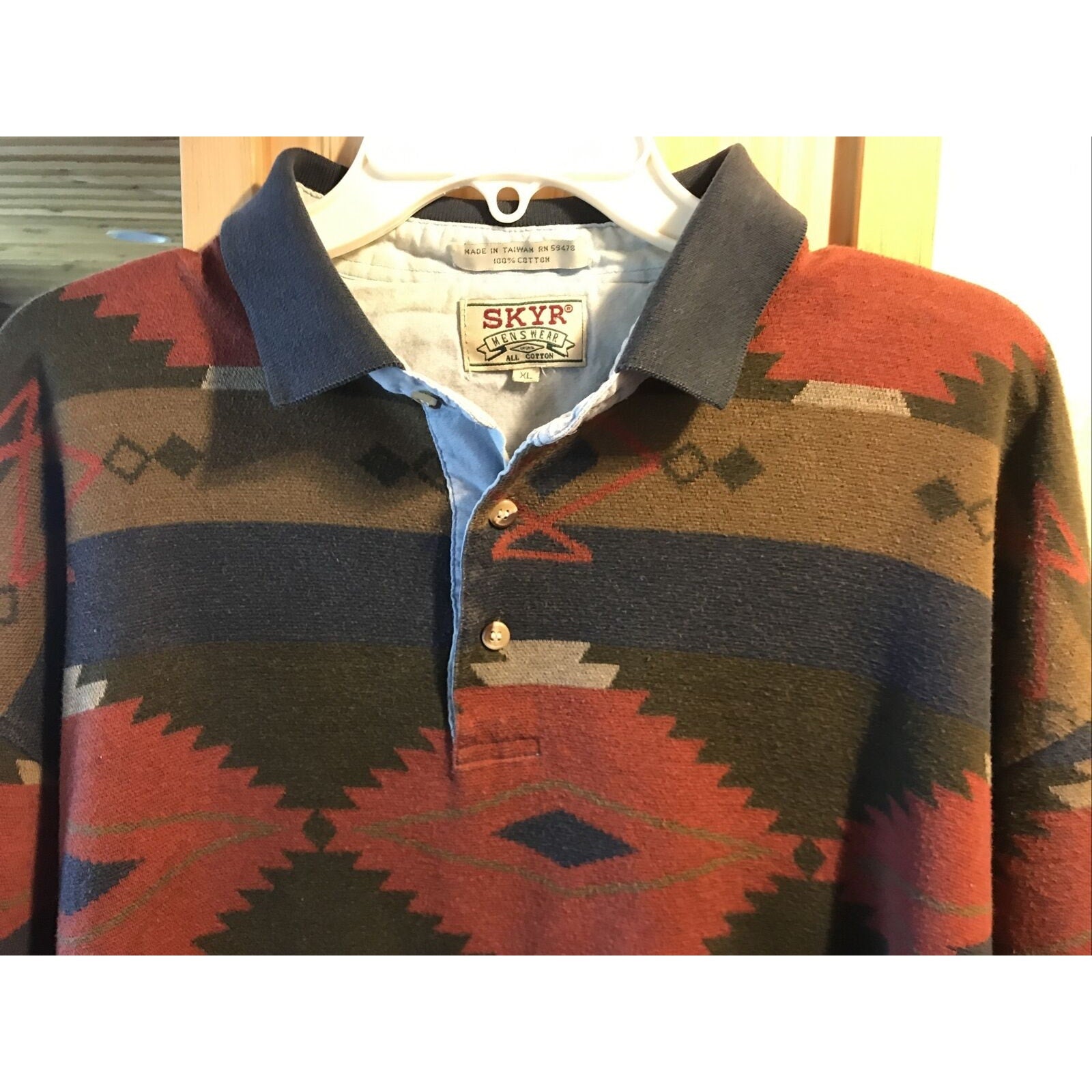 Skyr Vintage Mens XL Aztec Tribal Print Long Sleeve 1/4 Button Cotton Polo Shirt
