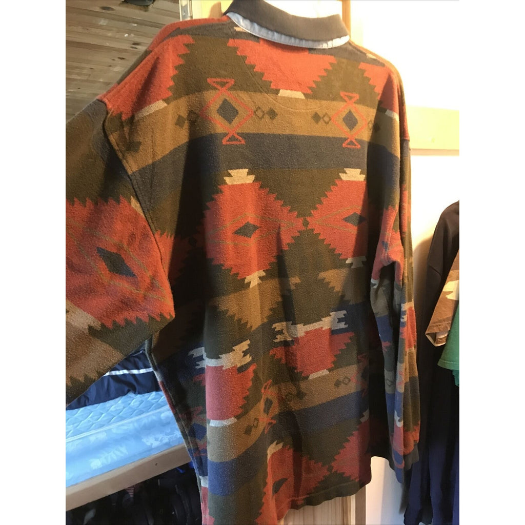 Skyr Vintage Mens XL Aztec Tribal Print Long Sleeve 1/4 Button Cotton Polo Shirt