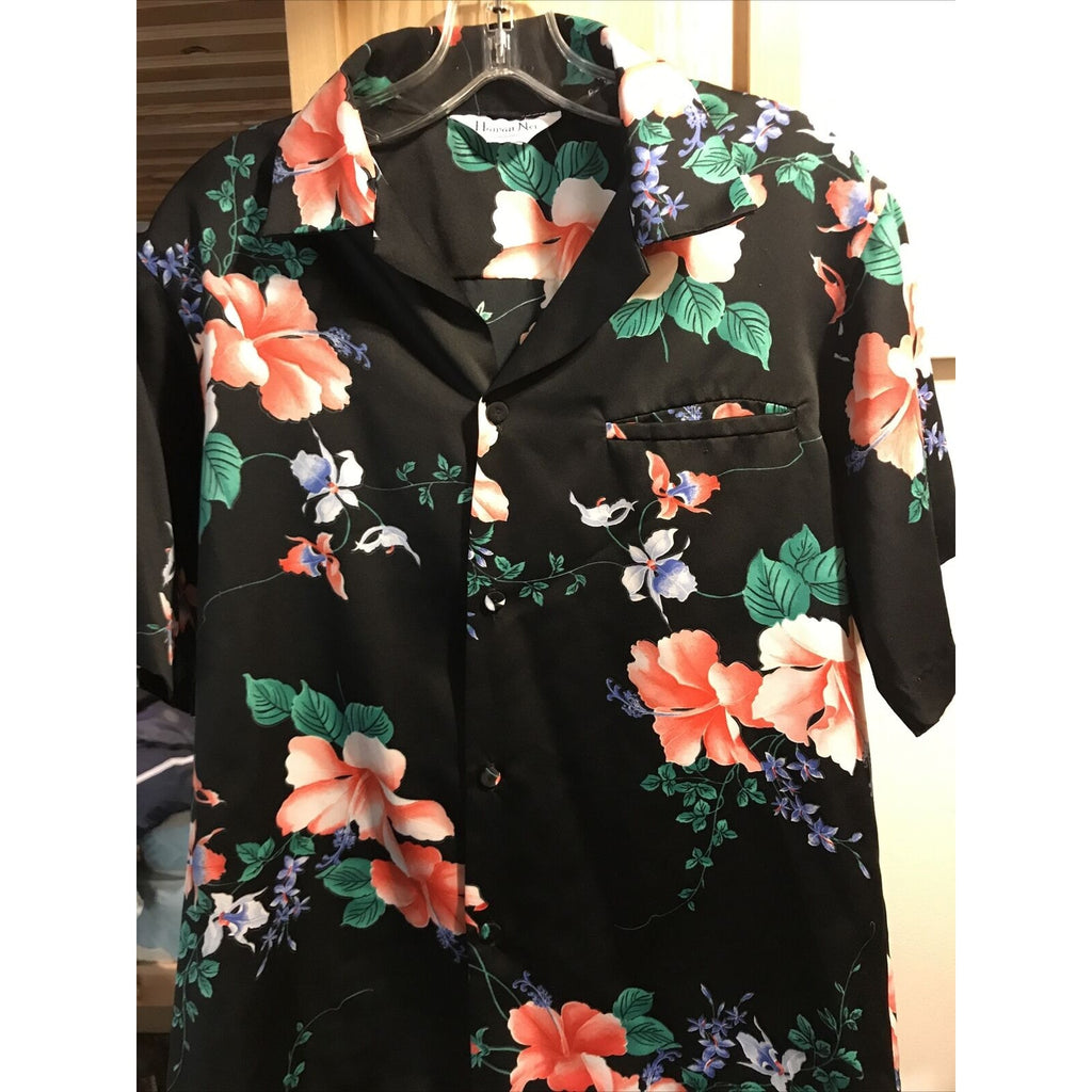 Hawaii Nei Honolulu Vintage Men’s L Black Floral Short Sleeve Button Shirt