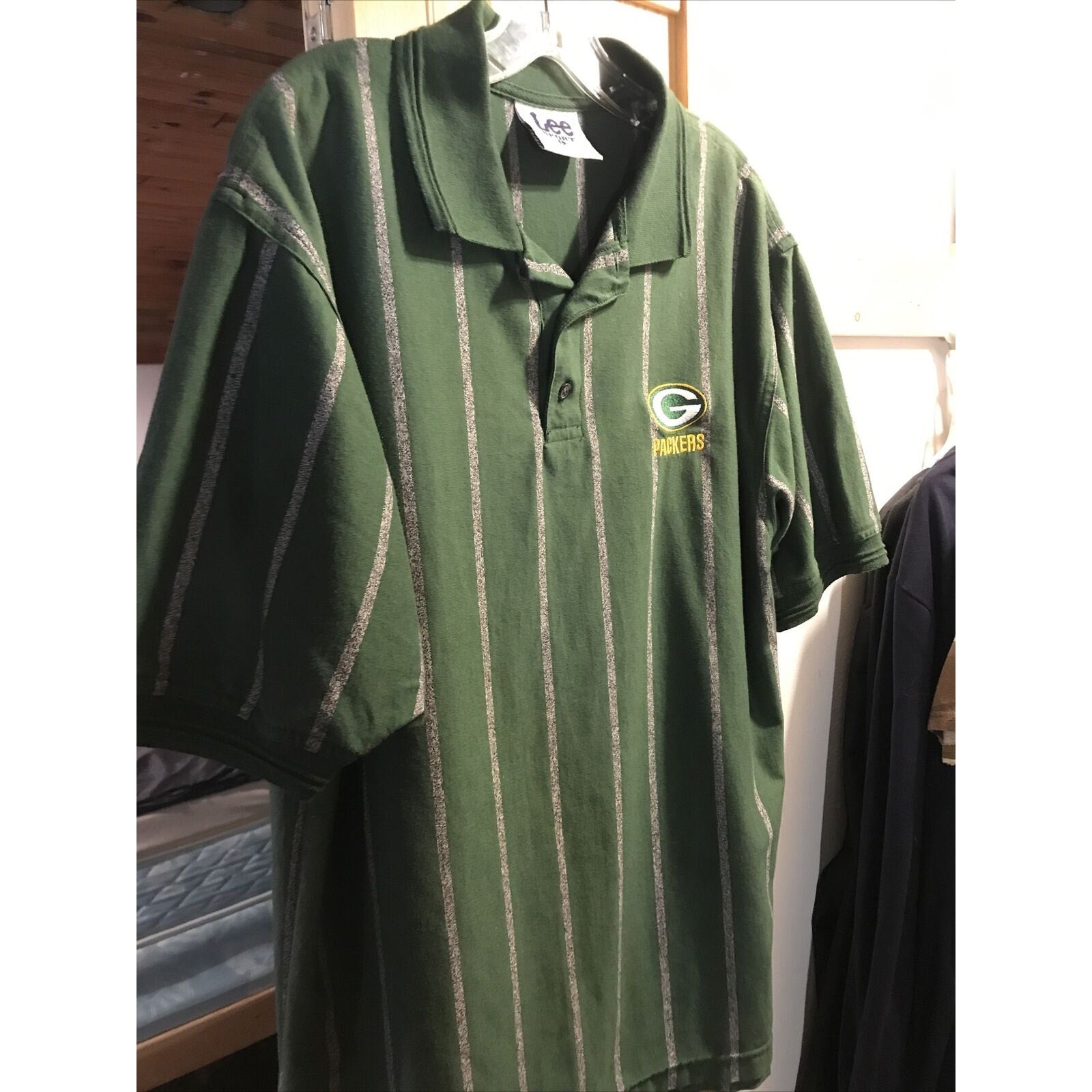 Lee Sport Vintage Men’s L Green Bay Gray Stripe SS 1/4 Button Cotton Poly Polo